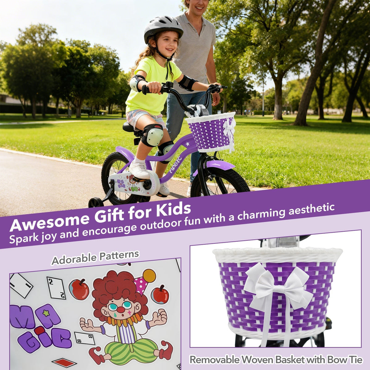 Purple kids bike with training wheels, 14-inch frame, suitable for children ages 12-18 inches, by GBruno Store.