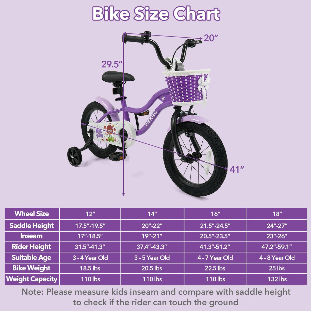 Purple kids bike with training wheels, 14-inch size, suitable for ages 12-18 inches, by GBruno Store.