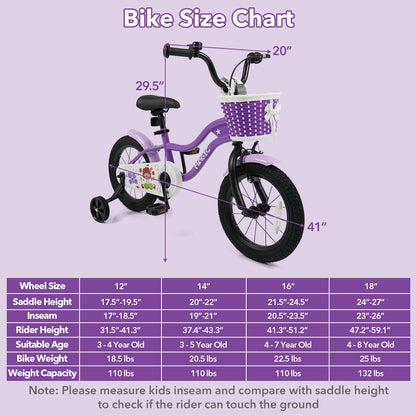 Purple kids bike with training wheels, 14-inch size, suitable for ages 12-18 inches, by GBruno Store.