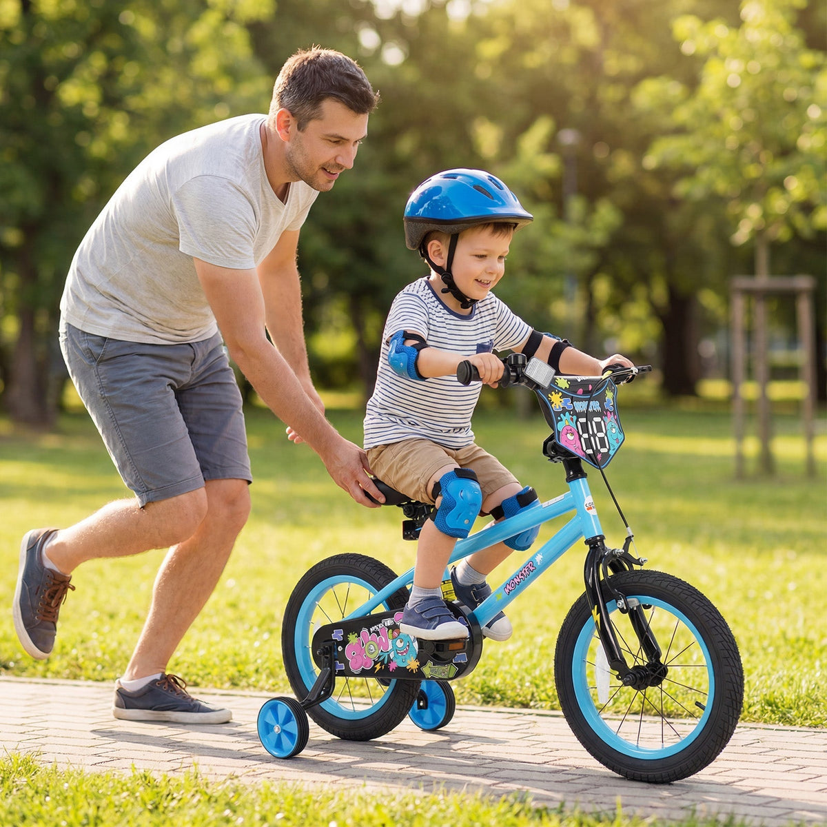 Kids bike with 16-inch wheels and training wheels for ages 4-7, featuring a colorful frame and safety grips.