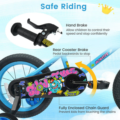 Kids bike with 16-inch wheels and training wheels, suitable for ages 4-7, by GBruno Store, shown in bright colors.