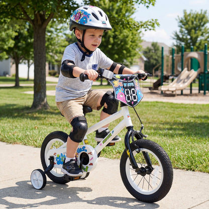 White kids bike with training wheels, 12-18 inch size, designed for young children, featuring a sturdy frame and colorful accents.