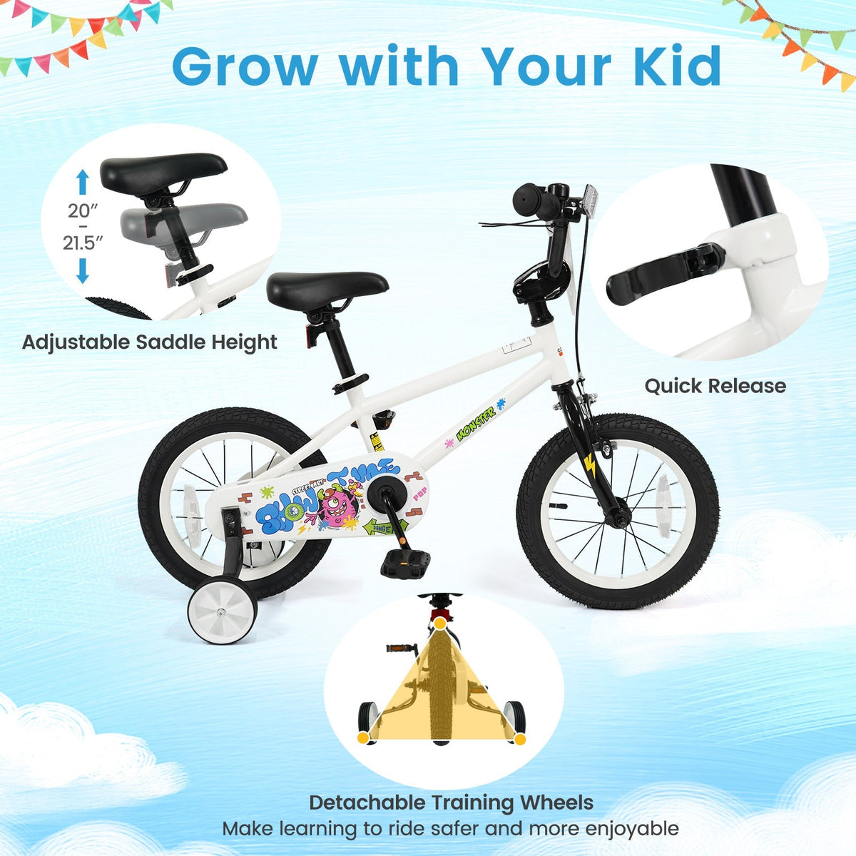 White kids bike with training wheels, 14-inch size, designed for children learning to ride, from GBruno Store.