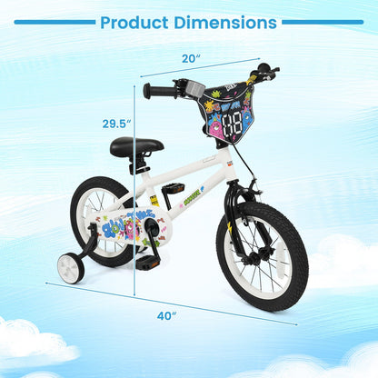 Kids white 12-18 inch bike with training wheels, suitable for young children, featuring a sturdy frame and colorful design.