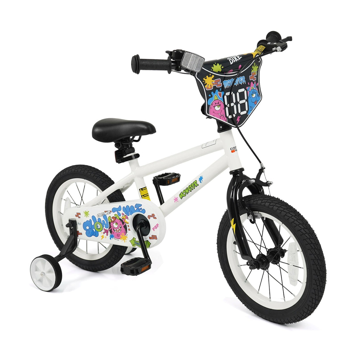 Kids white 12-18 inch bike with training wheels from GBruno Store, featuring a sturdy frame and colorful training wheel attachments.