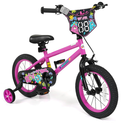 Pink kids bike with training wheels, 14-inch size, featuring a sturdy frame and colorful design for young children.