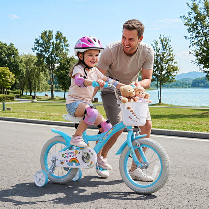 Girls bike with 14-inch wheels, training wheels, and a front basket, perfect for kids learning to ride.