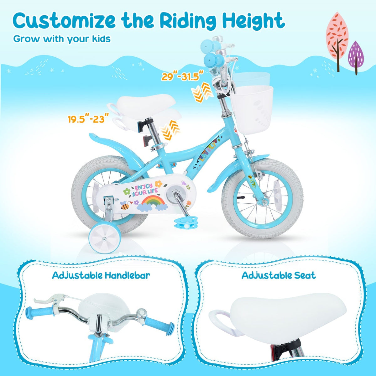 Girls' kids bike with 14-inch wheels, training wheels, and front basket, featuring a colorful frame and safety features.