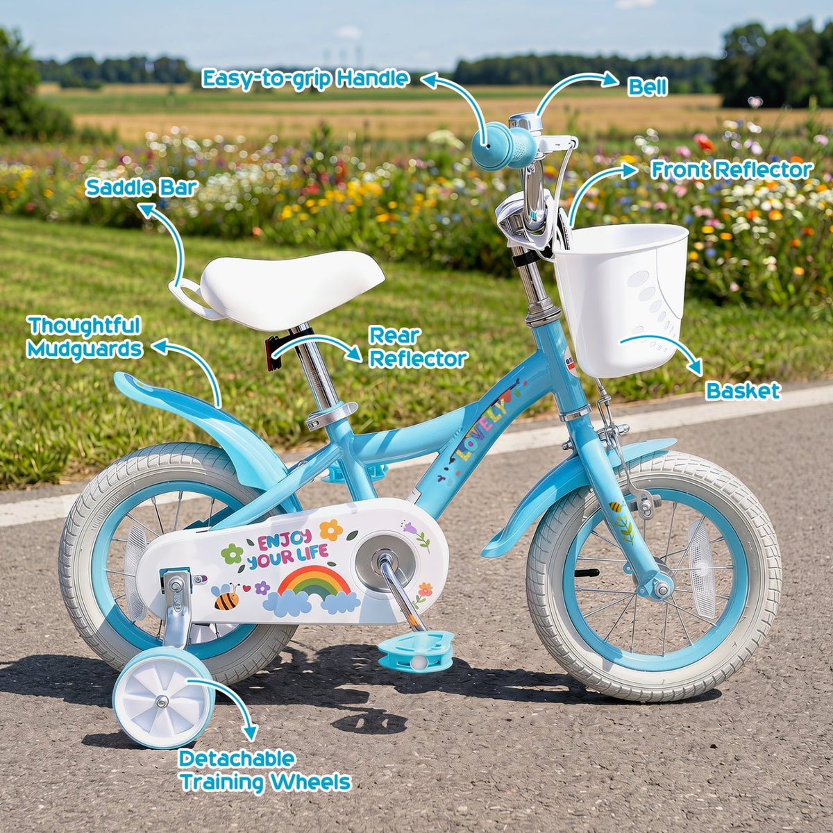 Girls' 12-18 inch kids bike with training wheels and basket, featuring a colorful frame and comfortable seat for young riders.