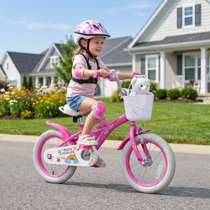 Girls kids bike with 14-inch wheels, training wheels, and front basket, perfect for ages 12-18, by GBruno Store.