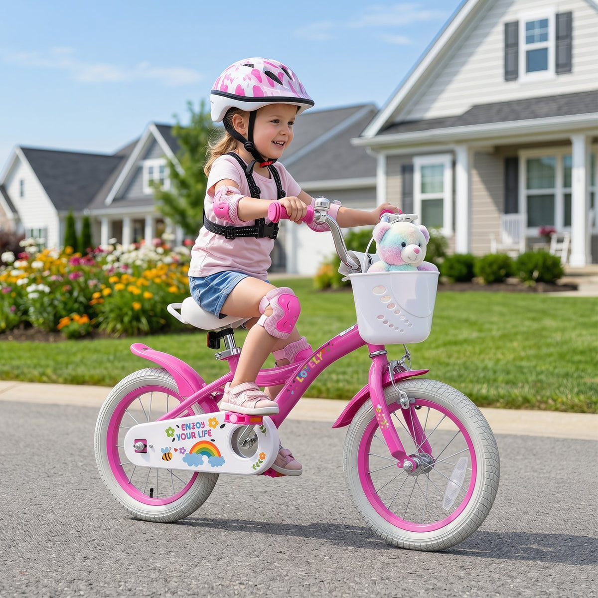 Girls bike with 14-inch wheels, training wheels, and front basket, designed for kids ages 12-18, by GBruno Store.