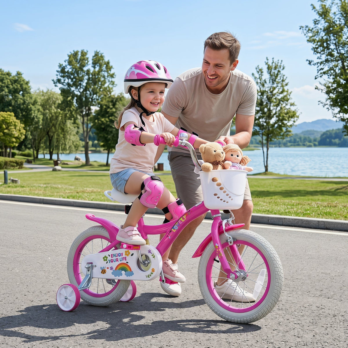Girls bike from GBruno Store, 14-inch kids bike with training wheels and basket, suitable for ages 12-18 inches.