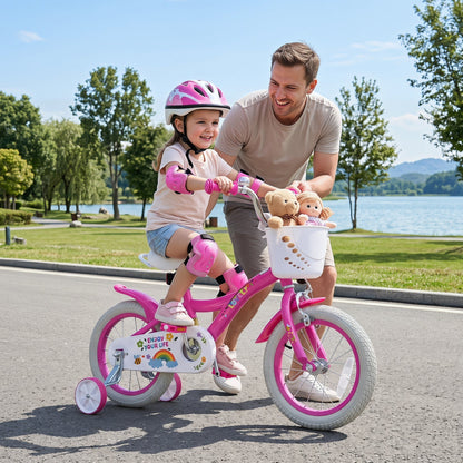 Girls kids bike with 14-inch wheels, training wheels, and front basket, featuring a colorful frame and safety features.
