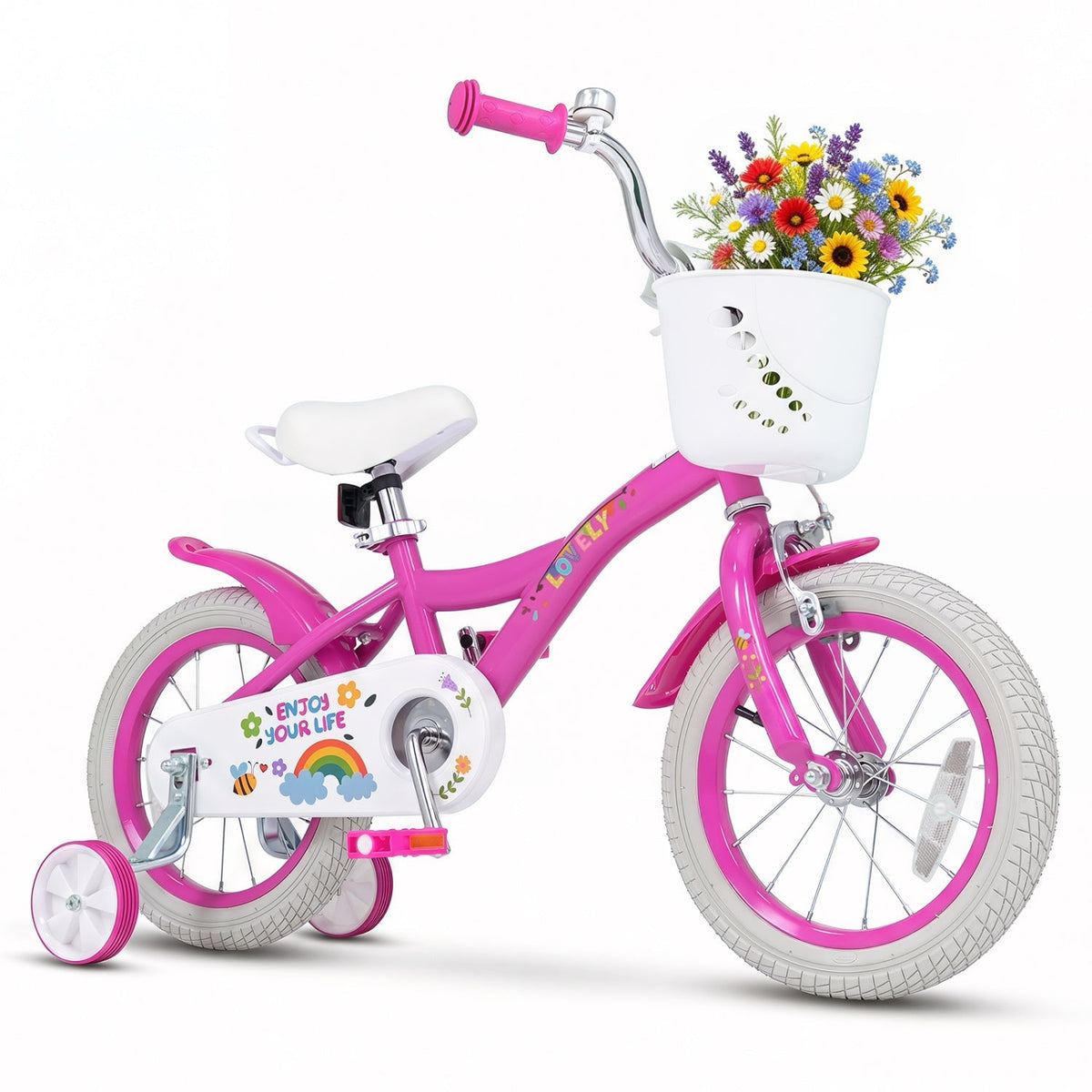 Girls bike for ages 12-18 inches with training wheels and basket, featuring a colorful frame and sturdy tires for kids riding.