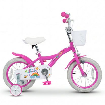 Girls bike for ages 12-18 inches with training wheels and basket, featuring colorful frame and sturdy tires for safe riding.