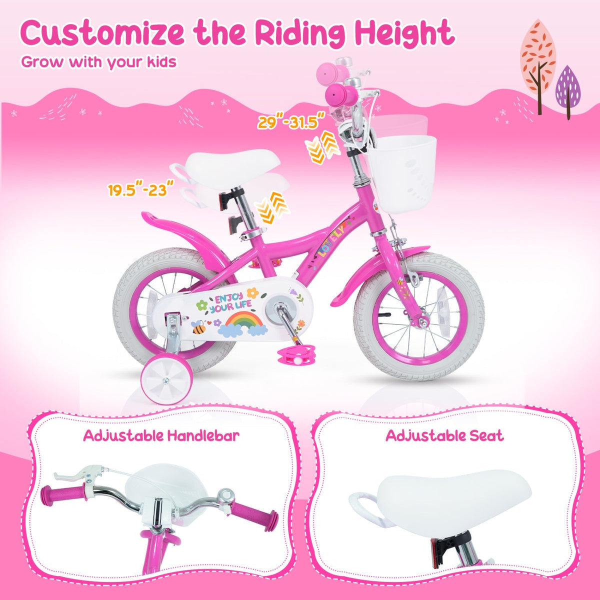 Girls bike for ages 12-18 inches with training wheels and basket, featuring a colorful frame and comfortable seat.