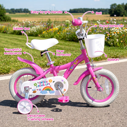 Girls kids bike with 12-18 inch wheels, training wheels, and front basket, featuring a colorful frame and comfortable seat.