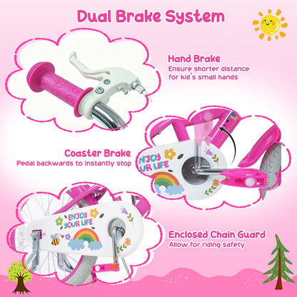 Girls' kids bike with 14-inch wheels, training wheels, and front basket, designed for children ages 12-18 inches.