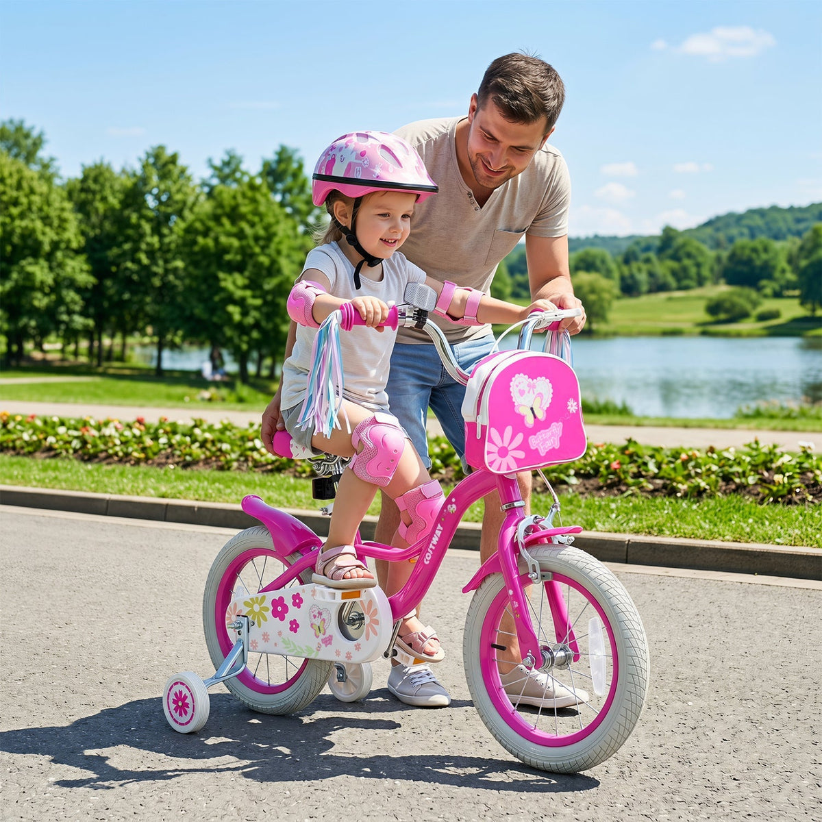 Girls 12-18 inch kids bike by GBruno Store with training wheels and front bag, featuring a colorful frame and safety features.