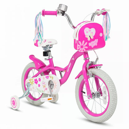 Girls 12-18 inch kids bike by GBruno Store with training wheels and front bag, featuring a pink frame and adjustable seat