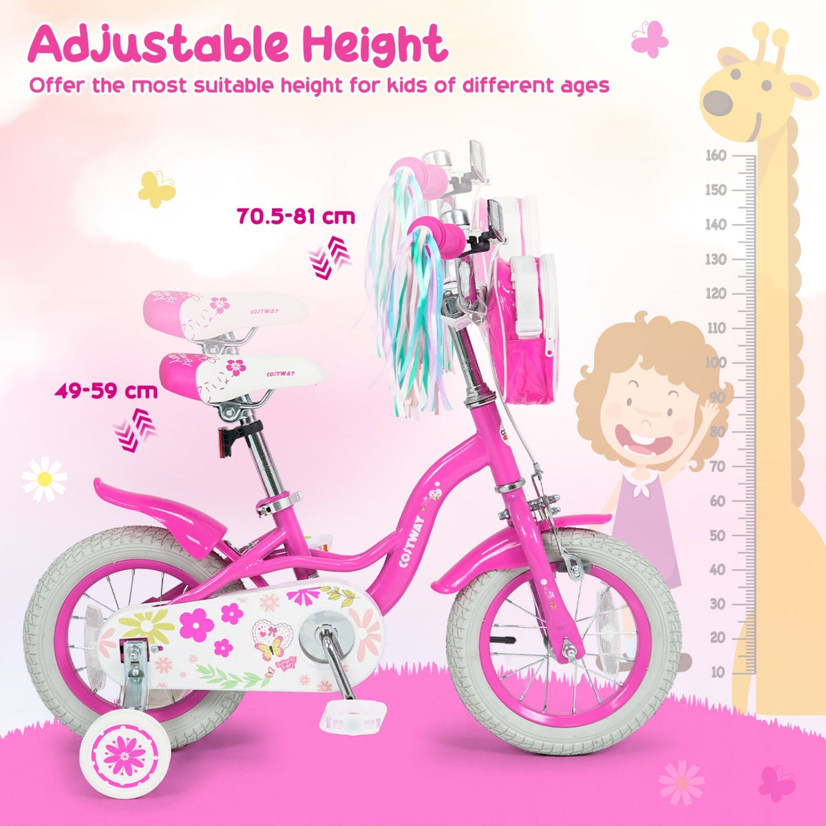 Girls kids bike with 12-18 inch wheels, training wheels and front bag, featuring a colorful frame and safety features.