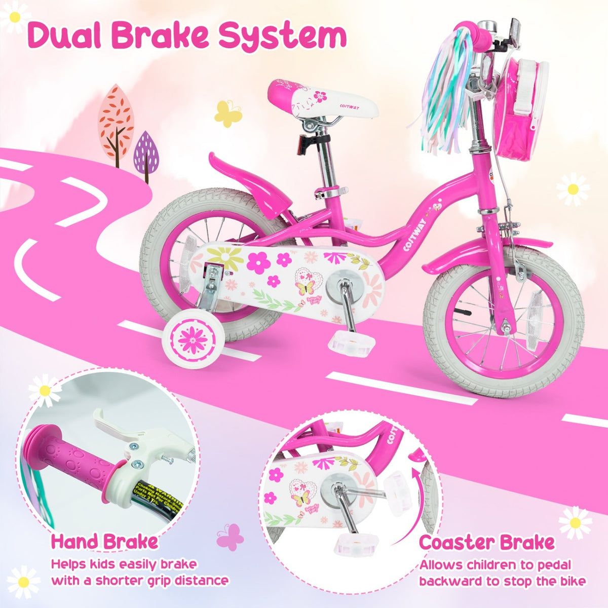 Girls bike from GBruno Store, 14-inch kids bike with training wheels and front bag, suitable for ages 12-18 inches.