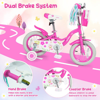 Girls bike from GBruno Store, 14-inch kids bike with training wheels and front bag, suitable for ages 12-18 inches.