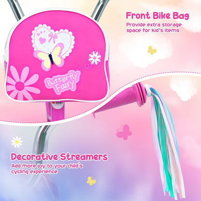 Girls bike with 12-18 inch wheels, training wheels, front bag, pink frame, and adjustable seat for kids.