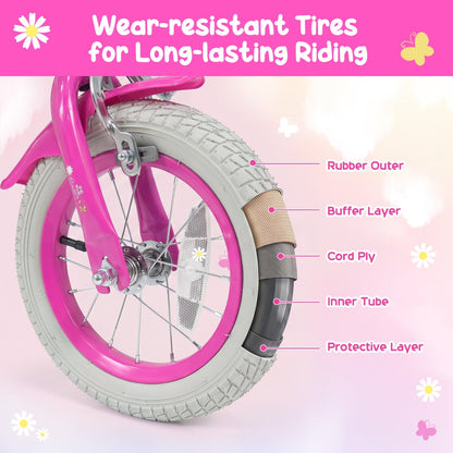 Girls kids bike with 12-18 inch wheels, training wheels, and front bag, designed for young children, by GBruno Store.