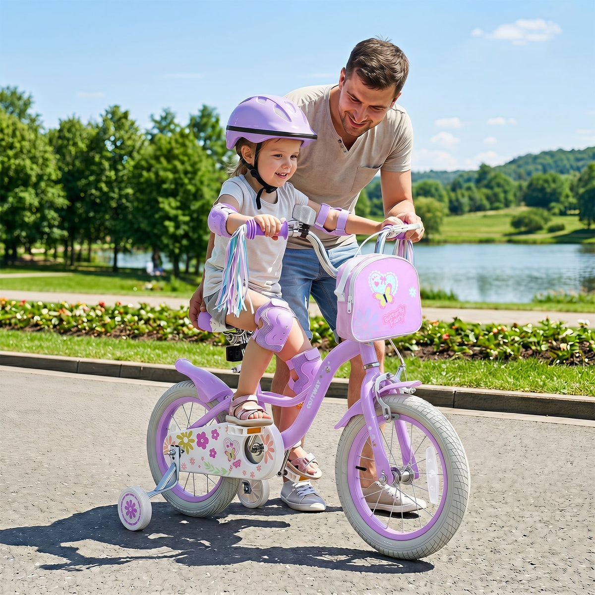 Girls 18-inch kids bike with training wheels and front bag, black and pink frame, suitable for young cyclists.