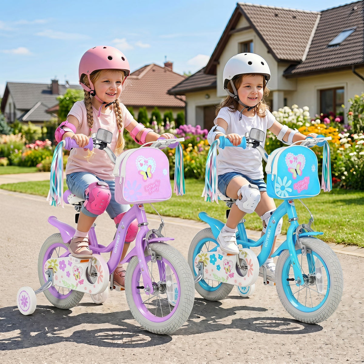 Girls 18-inch kids bike by GBruno Store with training wheels and a front bag, featuring a pink frame and colorful accents.