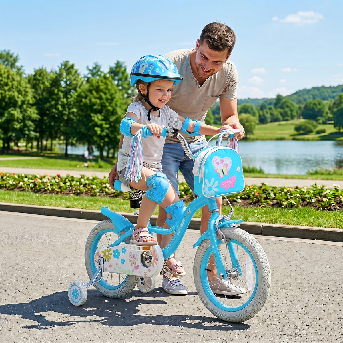 Girls kids bike with 12-18 inch wheels, training wheels, and front bag, featuring a colorful frame and adjustable seat.
