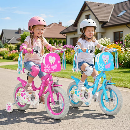 Girls bike for ages 12-18 inches with training wheels and front bag, featuring a colorful frame and safety grips.