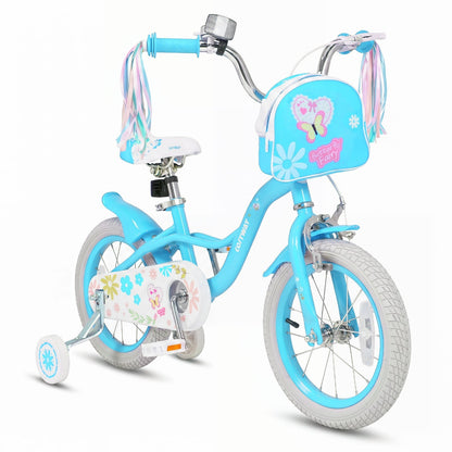 Girls bike by GBruno Store with 12-18 inch wheels, training wheels, and a front bag, designed for kids' outdoor riding.
