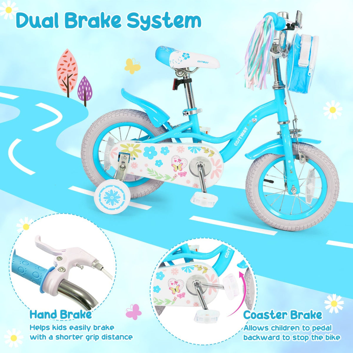 Girls kids bike by GBruno Store with 12-18 inch wheels, training wheels, and a front bag, perfect for young riders.