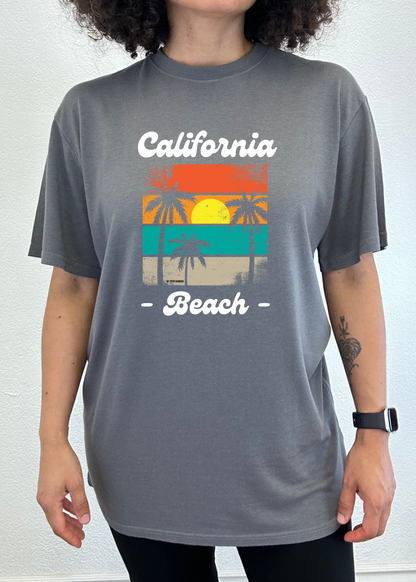 Spun Bamboo California Beach unisex graphic T-shirt with short sleeves, bamboo viscose and organic cotton fabric, featuring a beach print.