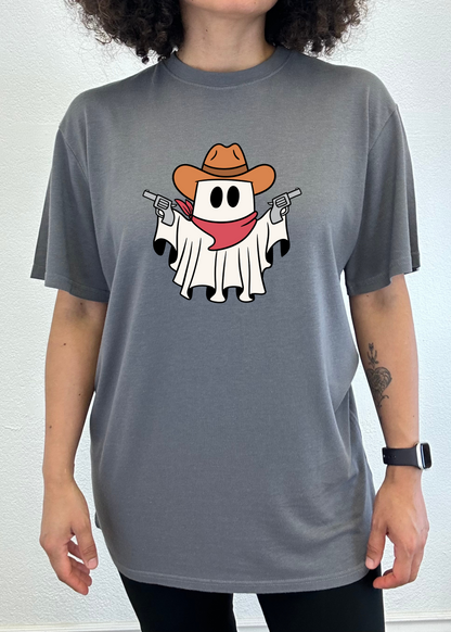 Spun Bamboo men's cowboy ghost graphic T-shirt made from bamboo viscose and organic cotton, short sleeve, printed design.