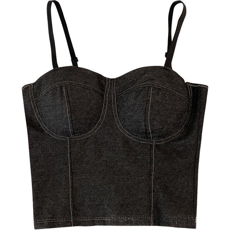 Retro distressed denim small vest camisole base top in blue denim