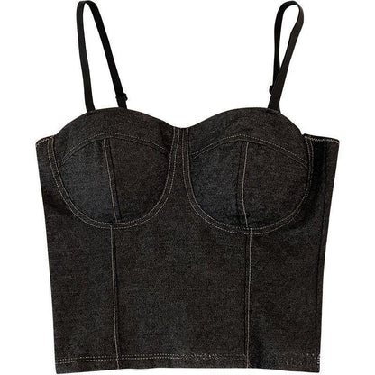 Retro distressed denim small vest camisole base top in blue denim