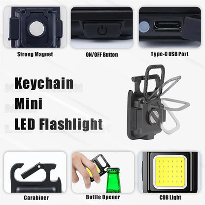 Mini portable rechargeable COB LED keychain flashlight with USB charging for camping and emergency use