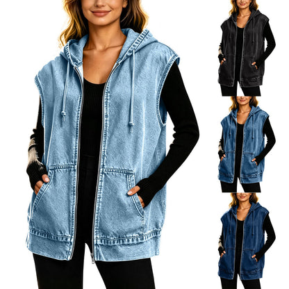 Women's loose-fit denim vest jacket in blue, sleeveless design with button front