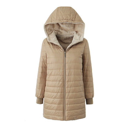 Women's warm hooded fleece-lined coat in a cozy, full-length design