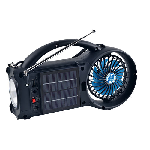 Supersonic Solar Power Bluetooth speaker with FM radio, LED torch light, and fan, showcasing the portable device with control buttons.