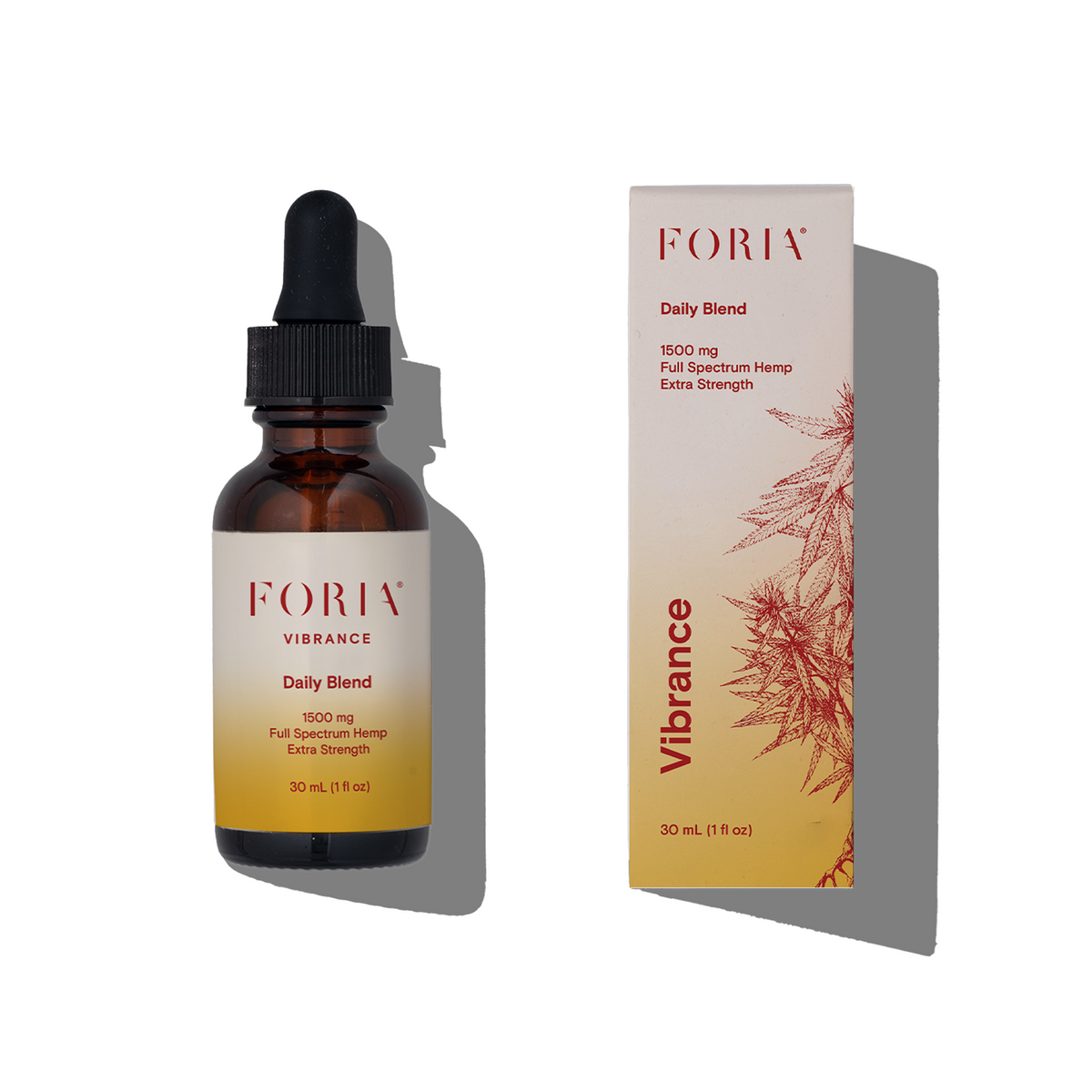 Foria Daily Blend oils and tinctures bottle with dropper, packaged in a clear glass container with a white label.