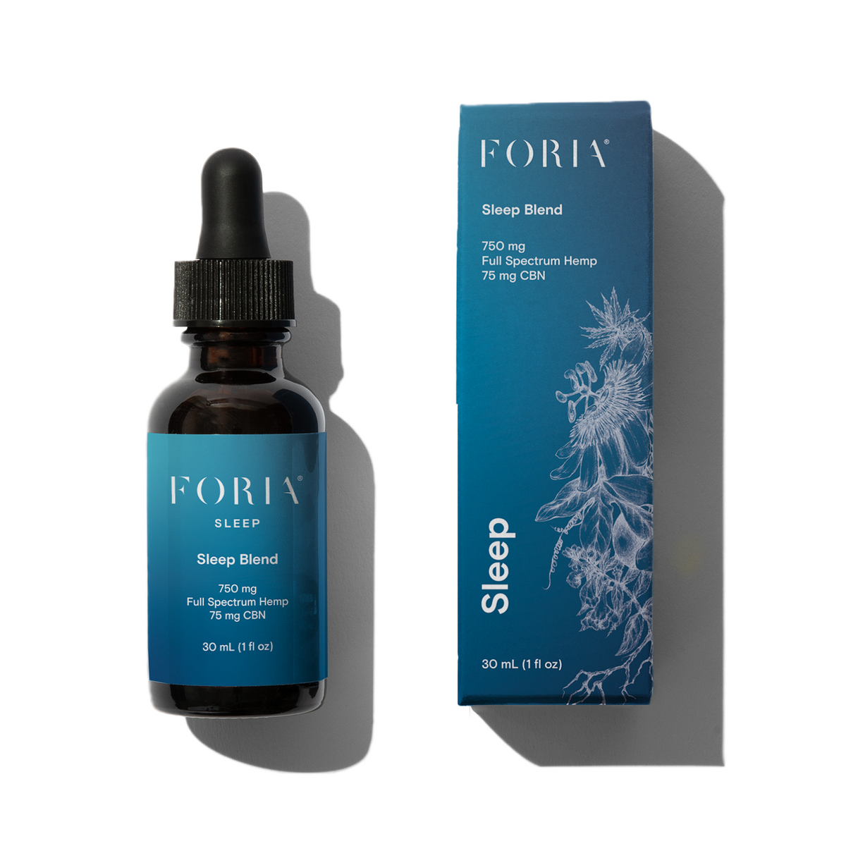 Foria Sleep Blend oil tincture bottle with dropper, designed to promote relaxation and restful sleep.