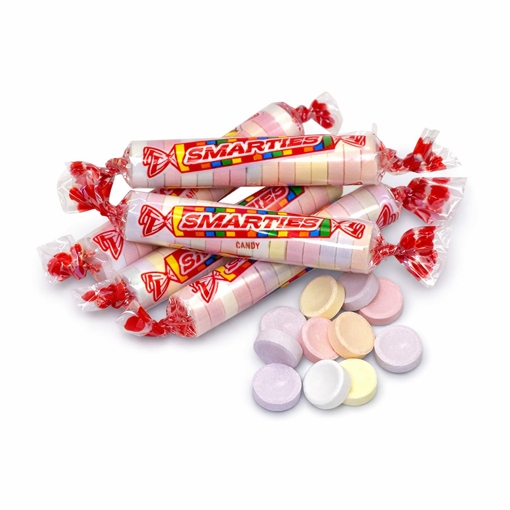 Colorful Smarties candy rolls from Candy In Bulk in a bulk bag, featuring vibrant, round chocolate-coated candies.