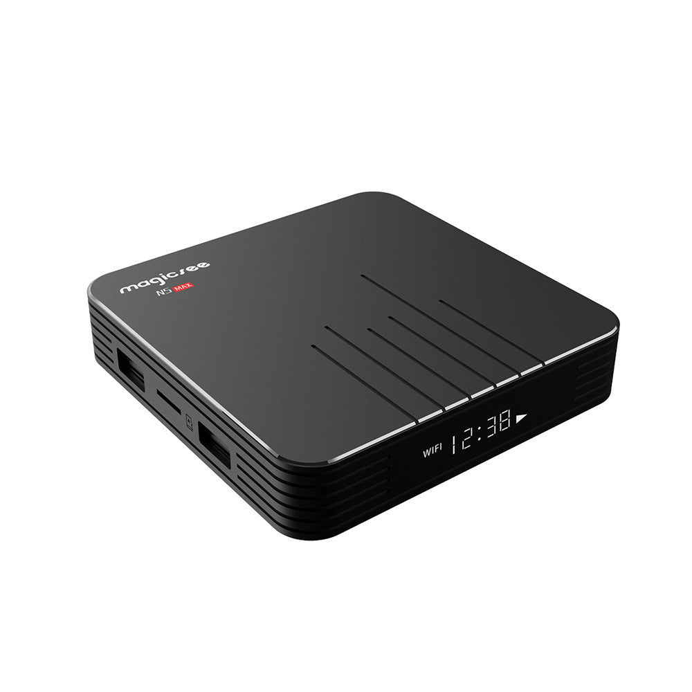 N5 MAX+ STB S905X3 Android network player by My Store shown in black корпус with remote control