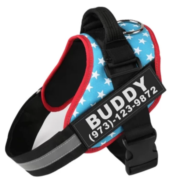 Personalized reflective no-pull dog harness vest with adjustable straps and removable patch for small to large dogs