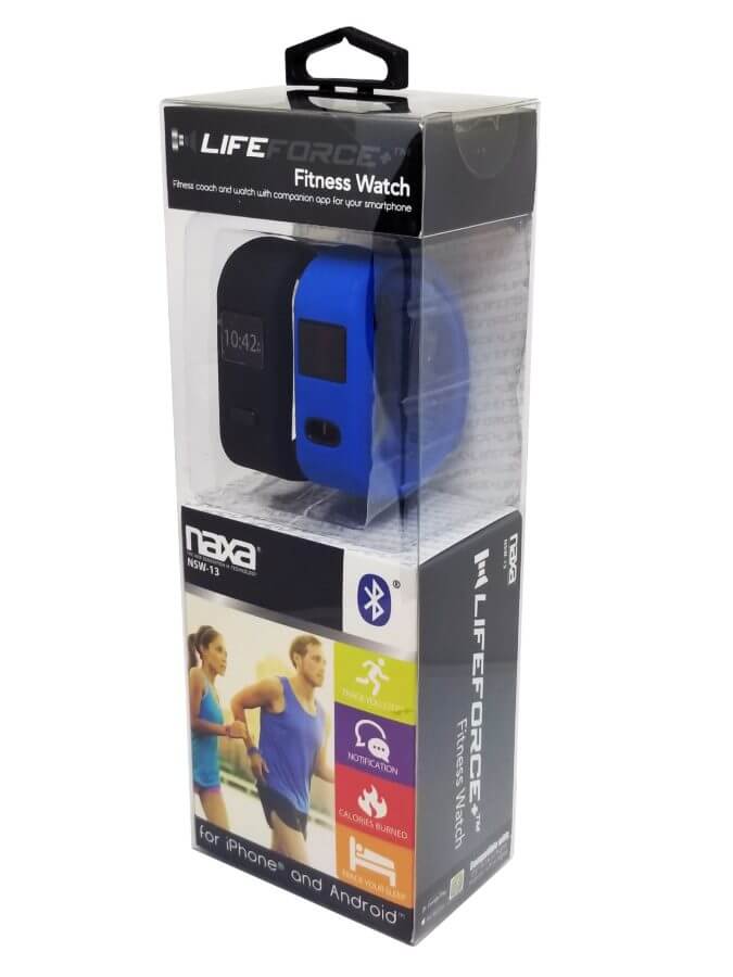 Naxa LifeForce+ fitness smartwatch displaying time and health metrics, compatible with iPhone and Android devices.