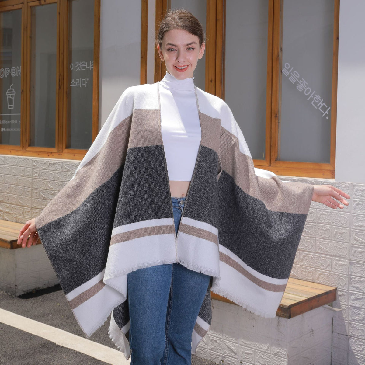 Women's striped tassel cross-strap warm cape shawl by My Store